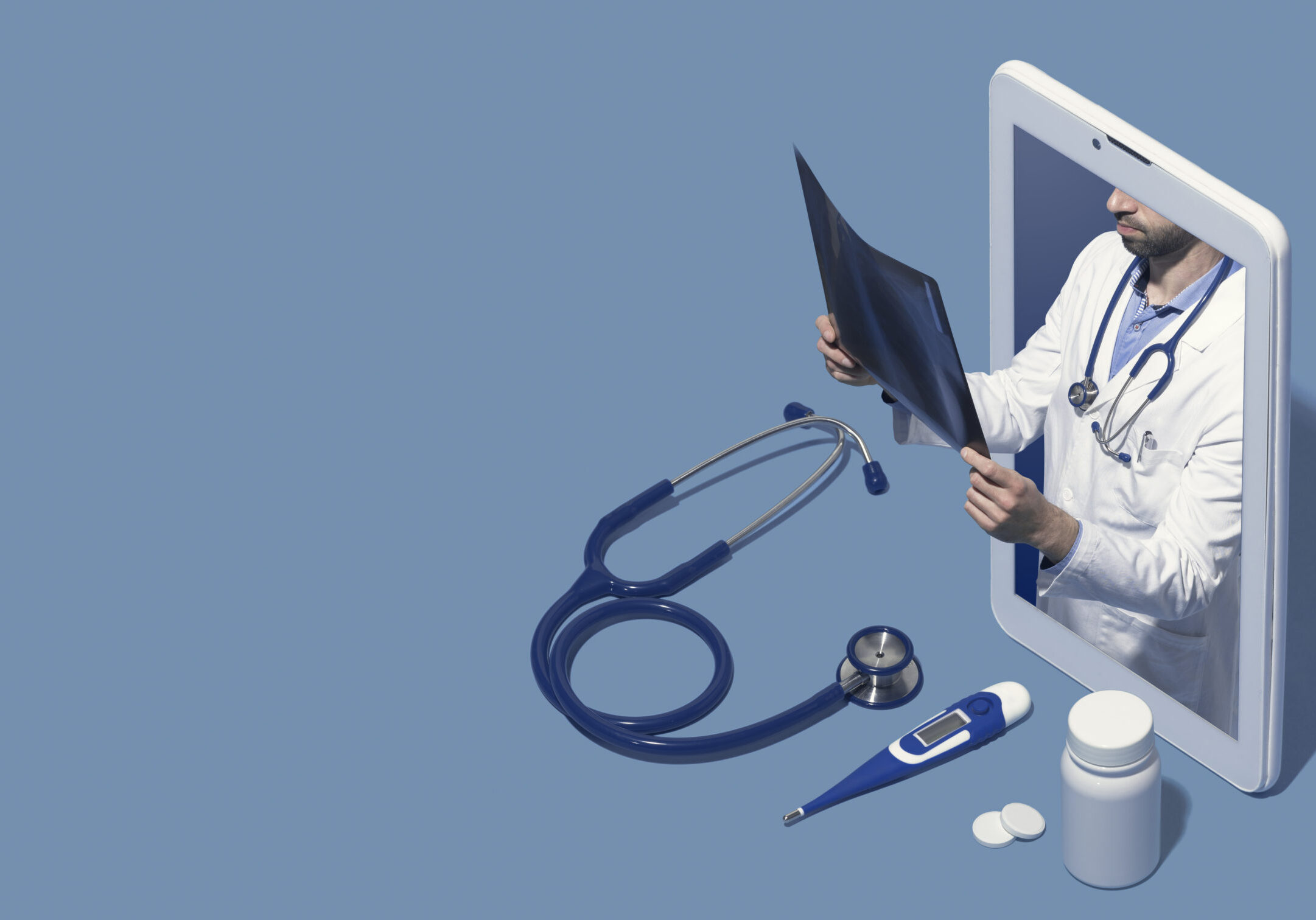 Professional doctor in a smartphone giving a consultation online and checking a radiography, telemedicine and healthcare concept, blank copy space